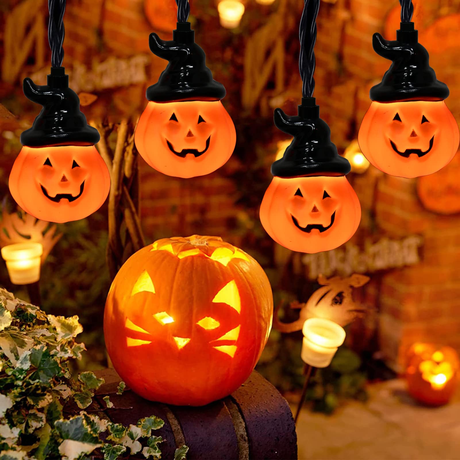 Halloween Pumpkin String Lights with Hats – 8.5Ft 10-Lantern Outdoor Jack-O’-Lantern Light Set, UL Listed Waterproof Decoration