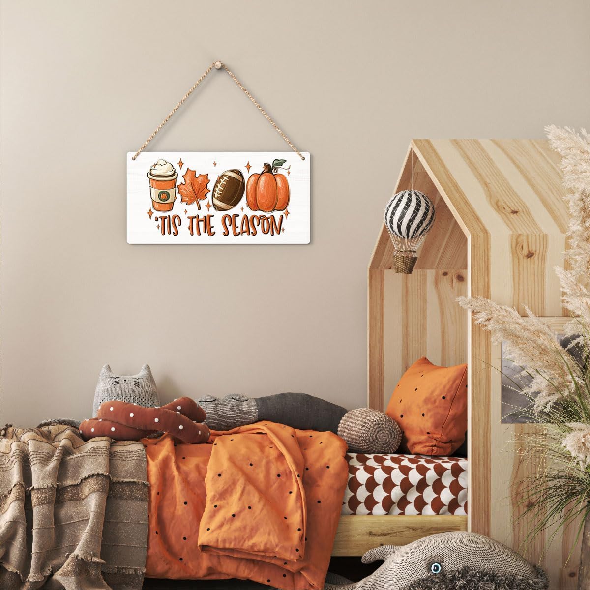 Fall Hanging Wooden Sign – Rustic Maple Leaf, Pumpkin & Football Wall Decor for Home & Porch
