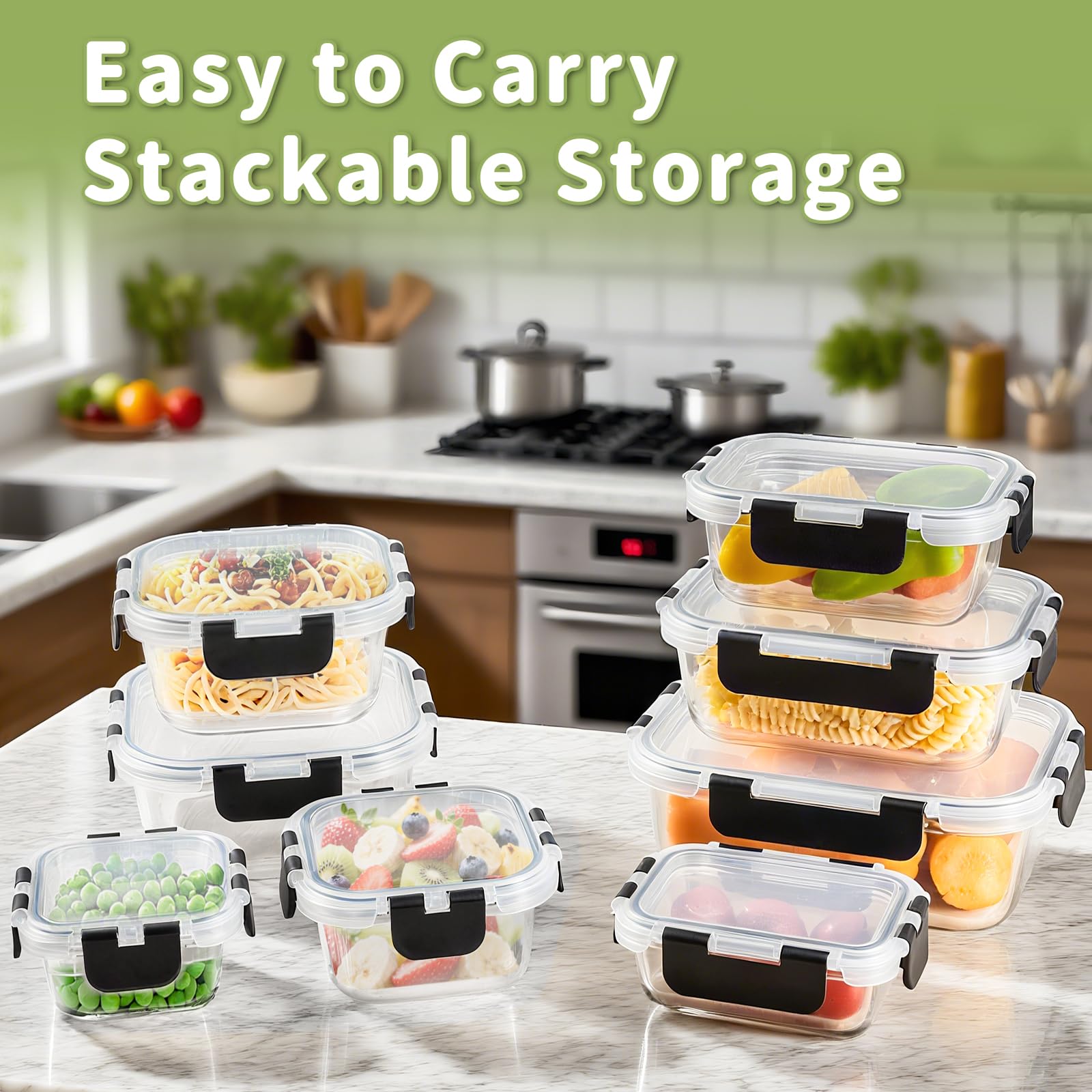 HOMBERKING Borosilicate Glass Food Storage Containers – 8 Piece Leak-Proof Set with Locking Lids