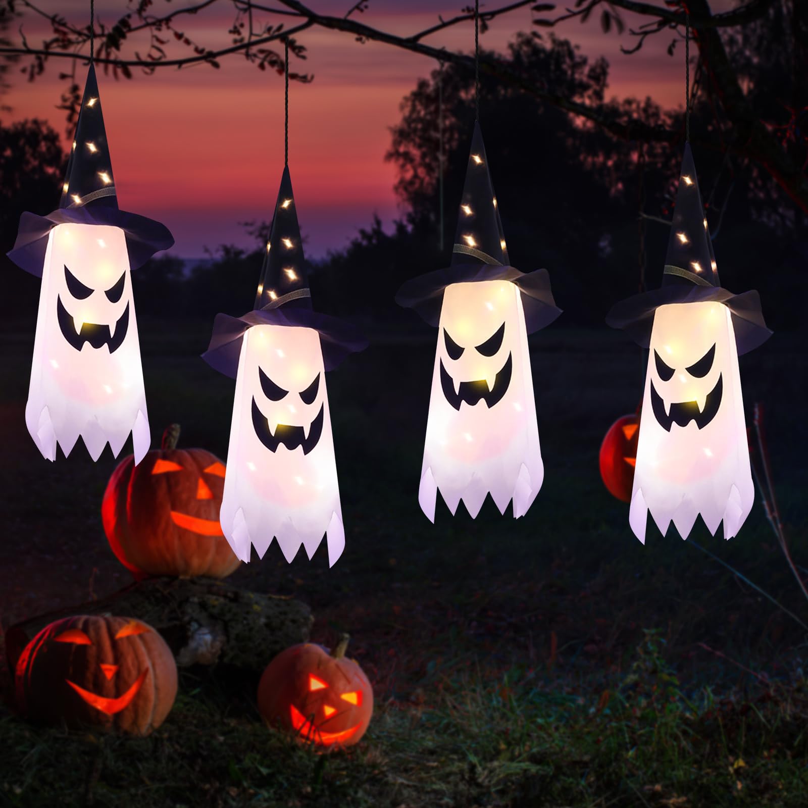 Halloween Hanging Ghost Witch Hat Lights – 4 Pack Warm White LED Decorations with 3 Flash Modes for Indoor & Outdoor Use