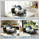 GAOKASE Stainless Steel Dish Drying Rack – Space-Saving 1-Tier Kitchen Counter Dish Drainer with Utensil Holder (Black)