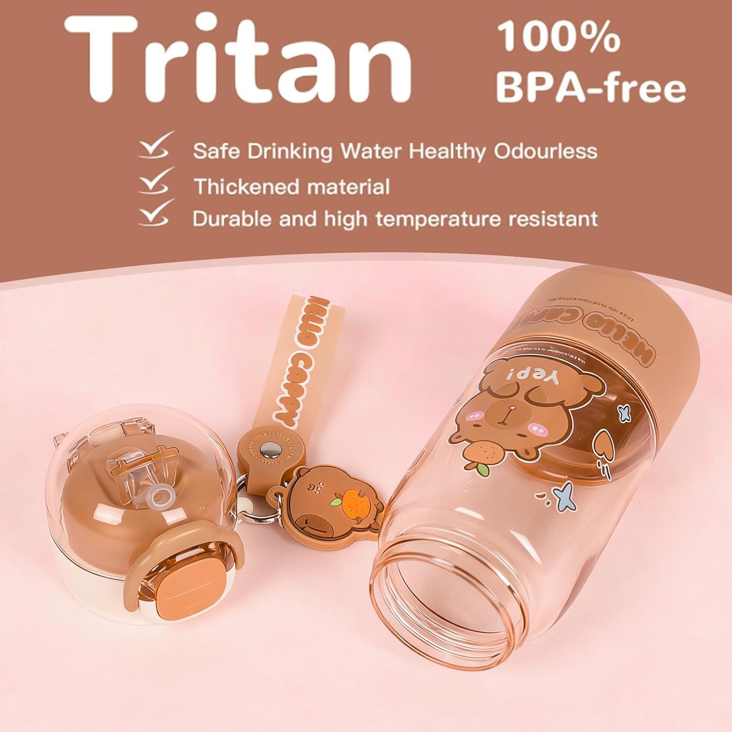 18 oz Kids Capybara Water Bottle with Straw, Direct-Sip Lid, Safety Lock and Keychain