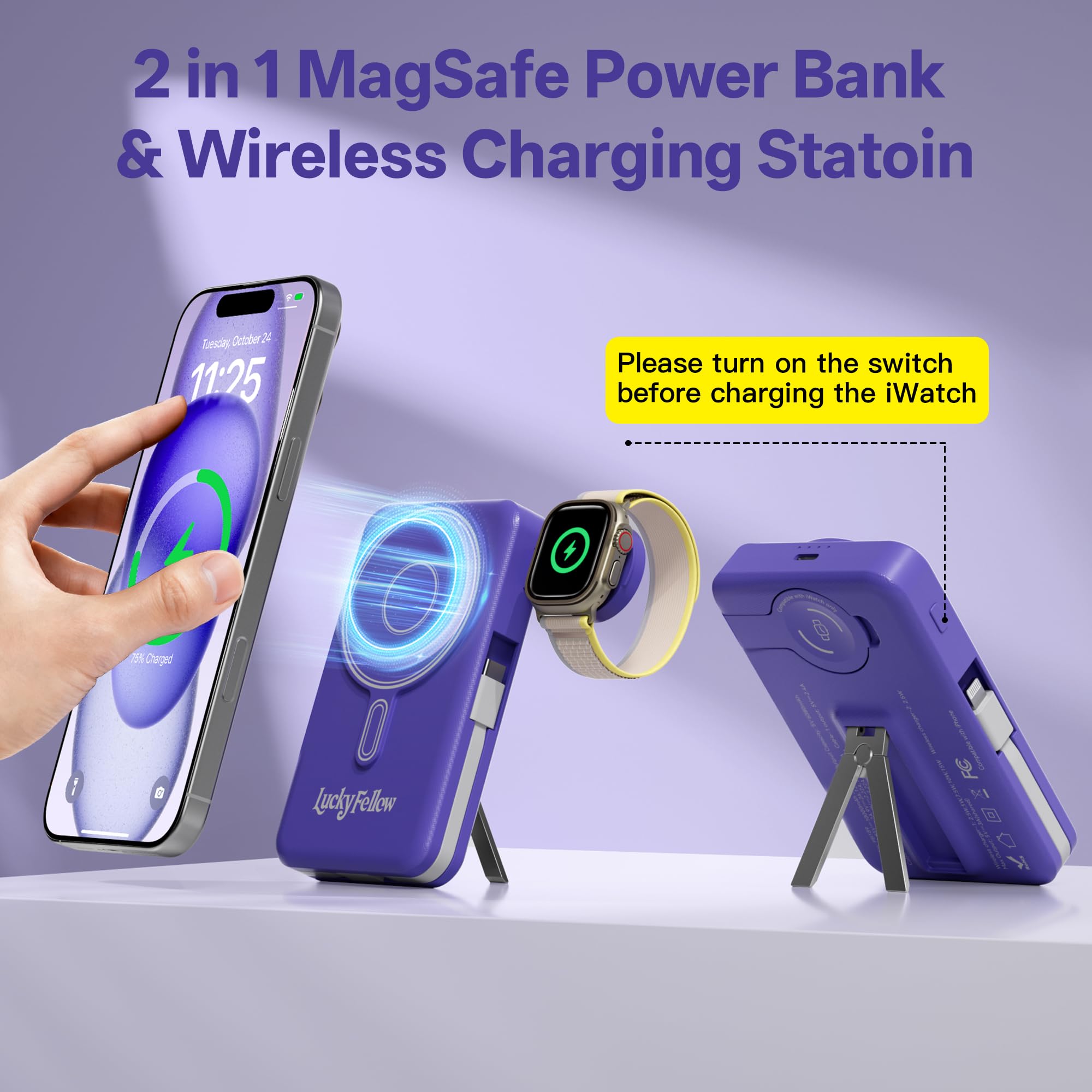 Magnetic Wireless Power Bank 10,000mAh – Slim All-in-One Charger with Built-In Cables & Stand (Dark Blue)