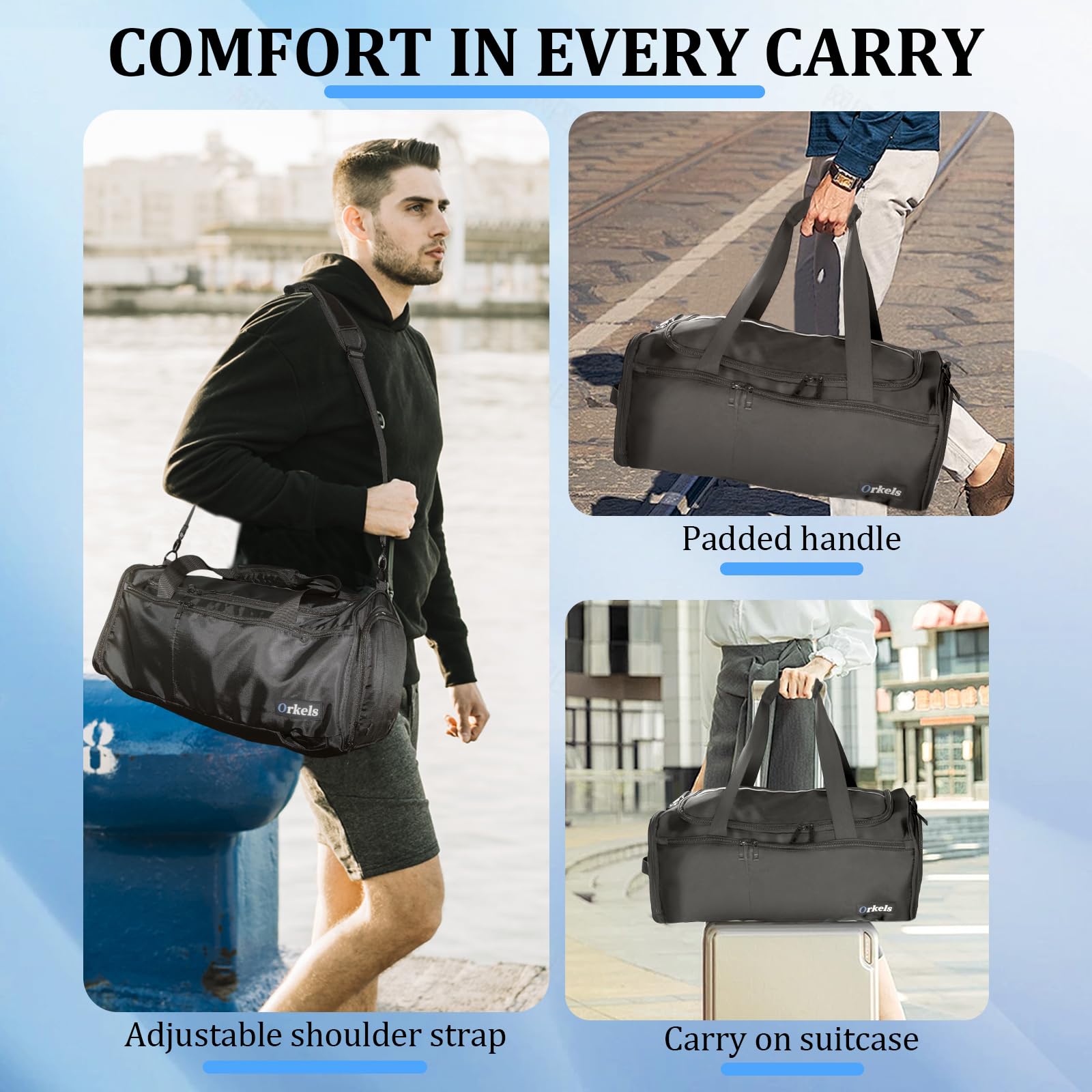 ORKELS 29L 3-in-1 Gym Bag Backpack – Waterproof Sports Duffle with Shoe & Wet Pocket for Travel and Fitness (Black)