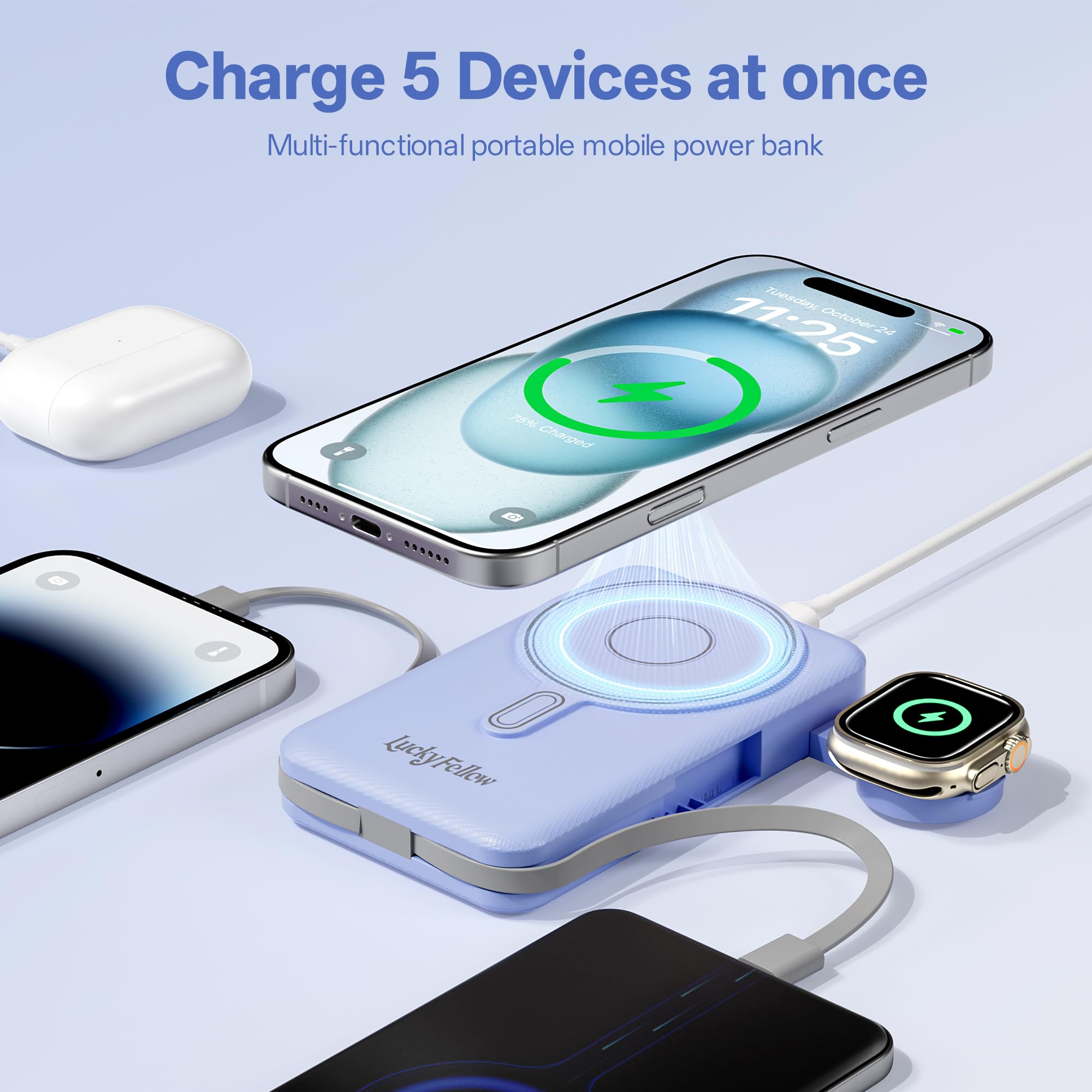 Magnetic 10,000mAh Power Bank – All-in-One Wireless Charging Station with Built-In Cables & Stand (Blue)