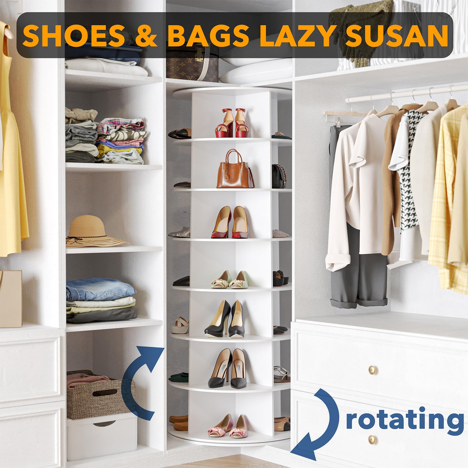 7-Tier Rotating Shoe Rack Tower – 360° Spinning Vertical Shoe & Handbag Organizer for Closets