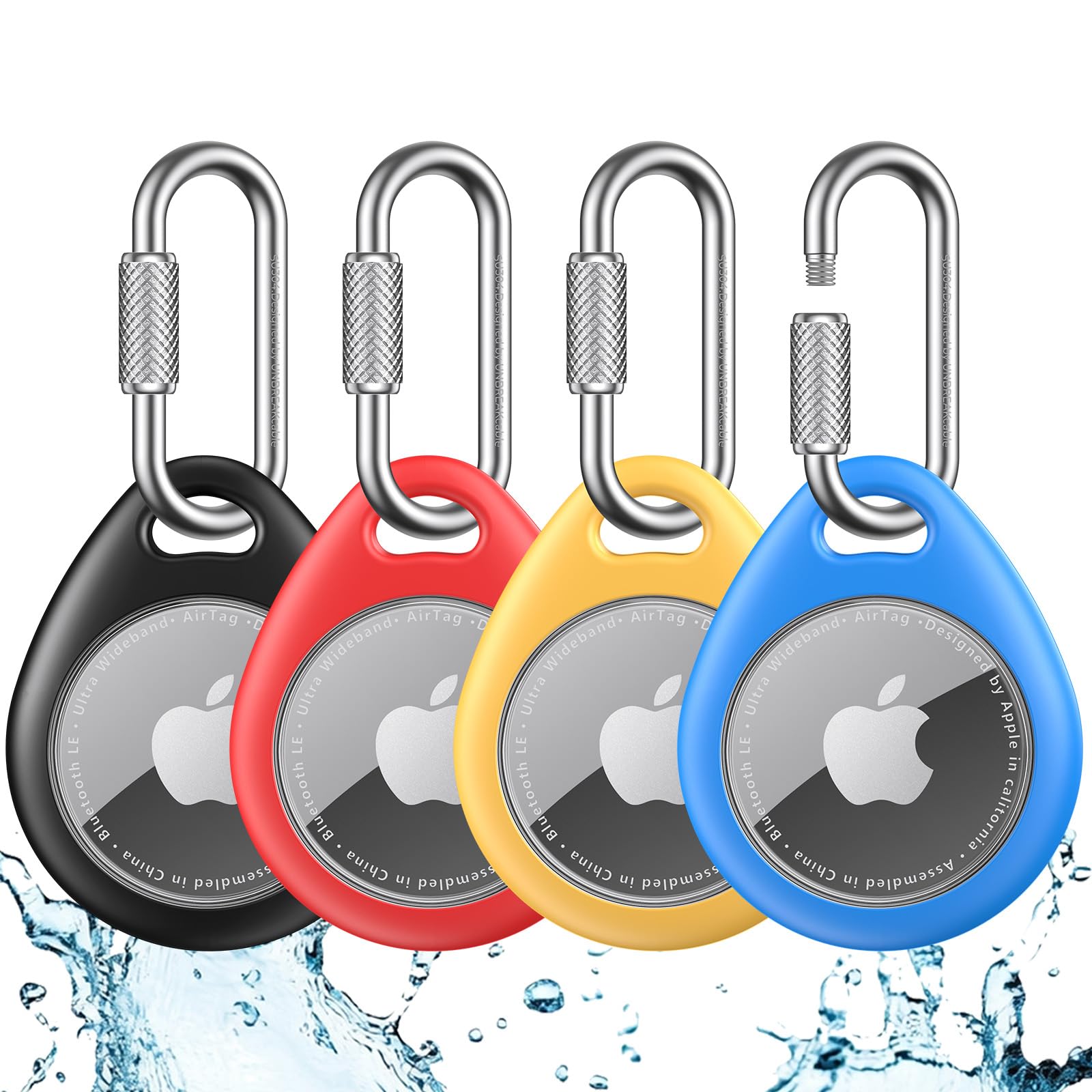 Heavy Duty AirTag Holder Case with Locking Stainless Steel Carabiner, Waterproof TPU Protective Cover – 4 Pack Multi Color