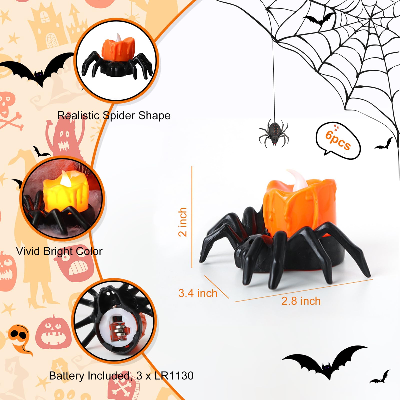 Flameless Halloween Spider Tealight Candles – 6 Black Spiders with Orange LED Lights for Creepy Party Decor