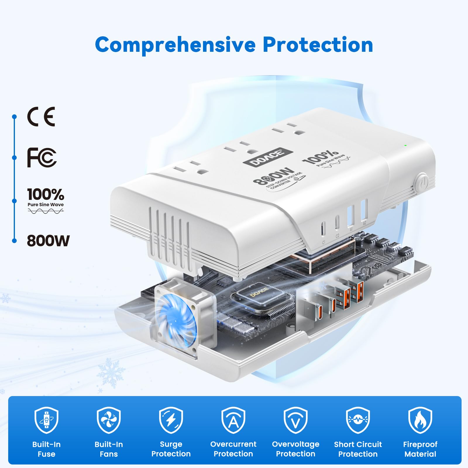 800W Pure Sine Wave Voltage Converter & Universal Travel Adapter – Multi Device International Power Converter White