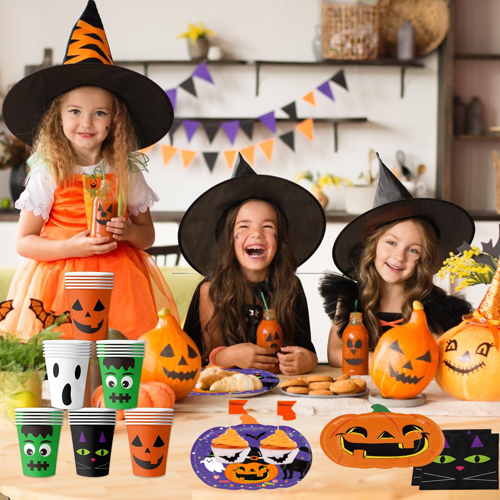 Halloween Party Tableware Set – 72 Pcs Pumpkin Plates, Cups & Napkins with Ghost & Cat Designs, Disposable Party Supplies