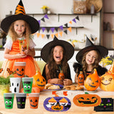 Halloween Party Tableware Set – 72 Pcs Pumpkin Plates, Cups & Napkins with Ghost & Cat Designs, Disposable Party Supplies