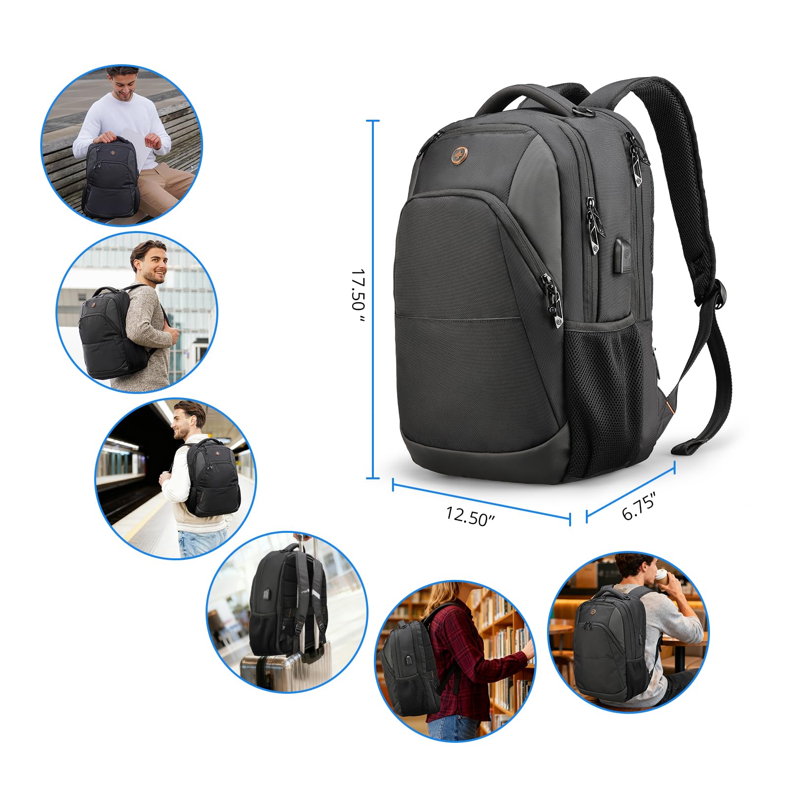 Design Travel Laptop Backpack with RFID Protection & USB Charging – 16″ College & Business Backpack (Black)