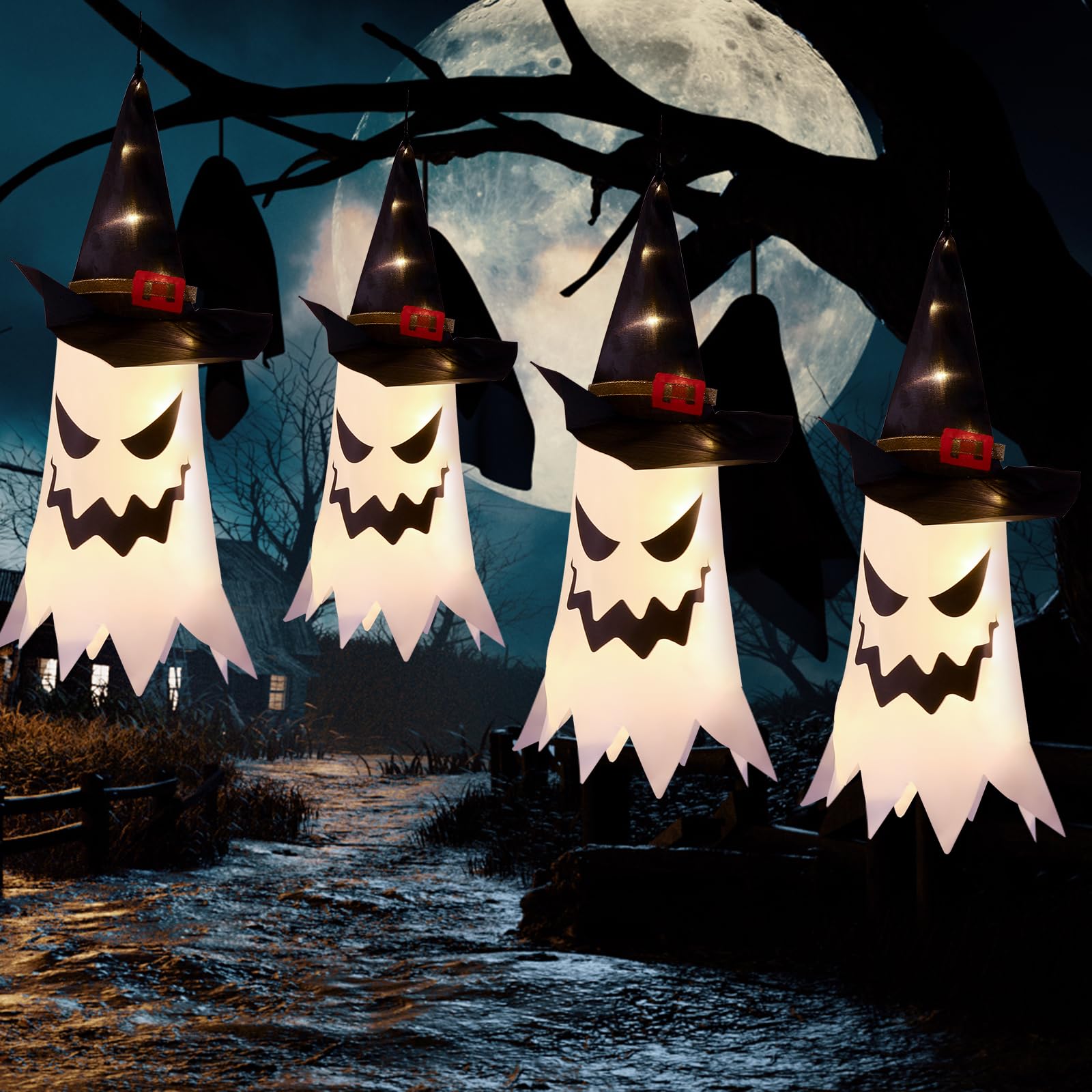 Halloween Lighted Ghost Witch Hats – 4 Pack Hanging LED Decorations with 3 Flash Modes for Indoor & Outdoor Use (Warm White)