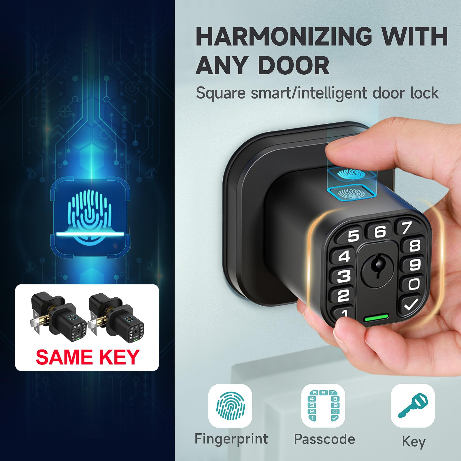 Fingerprint Keypad Door Knob Lock 2 Pack with Same Key, Biometric Smart Entry Lock for Home, Office & Garage Doors