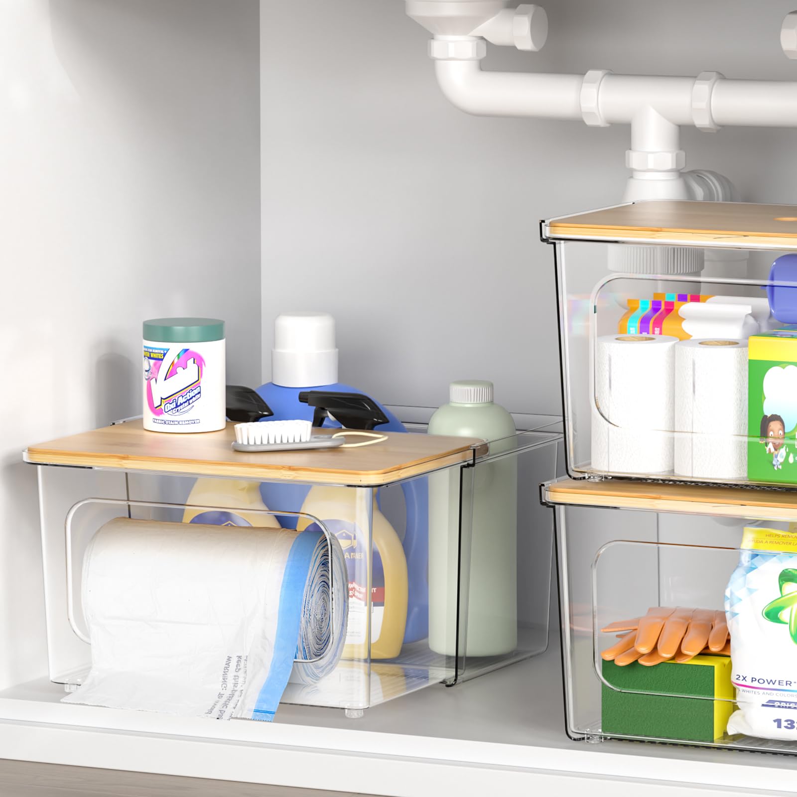 2-in-1 Trash Bag Dispenser & Pull-Out Under-Sink Organizer – Acrylic with Bamboo Lid (Clear)