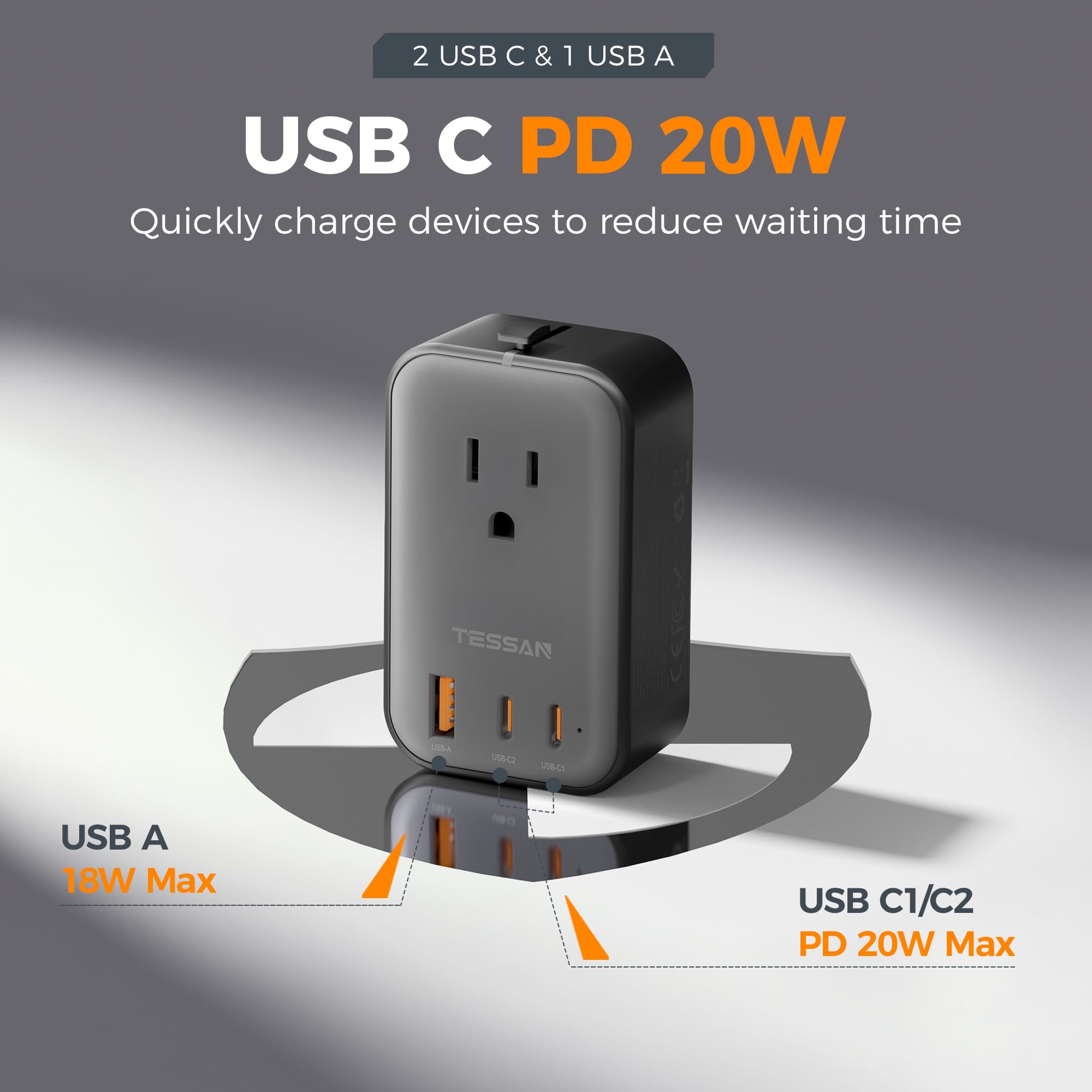 TESSAN Universal Travel Adapter PD 20W with Dual USB-C & USB Port, Ultra-Thin International Plug Converter for Europe UK USA Australia – Black Silver