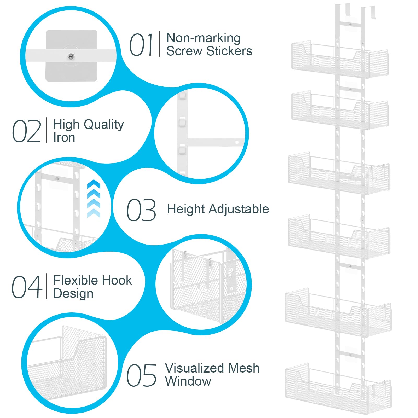 Hongtamoya Over-the-Door Metal Organizer – Adjustable 6-Basket Hanging Storage with Hooks for Home & Pantry (White)