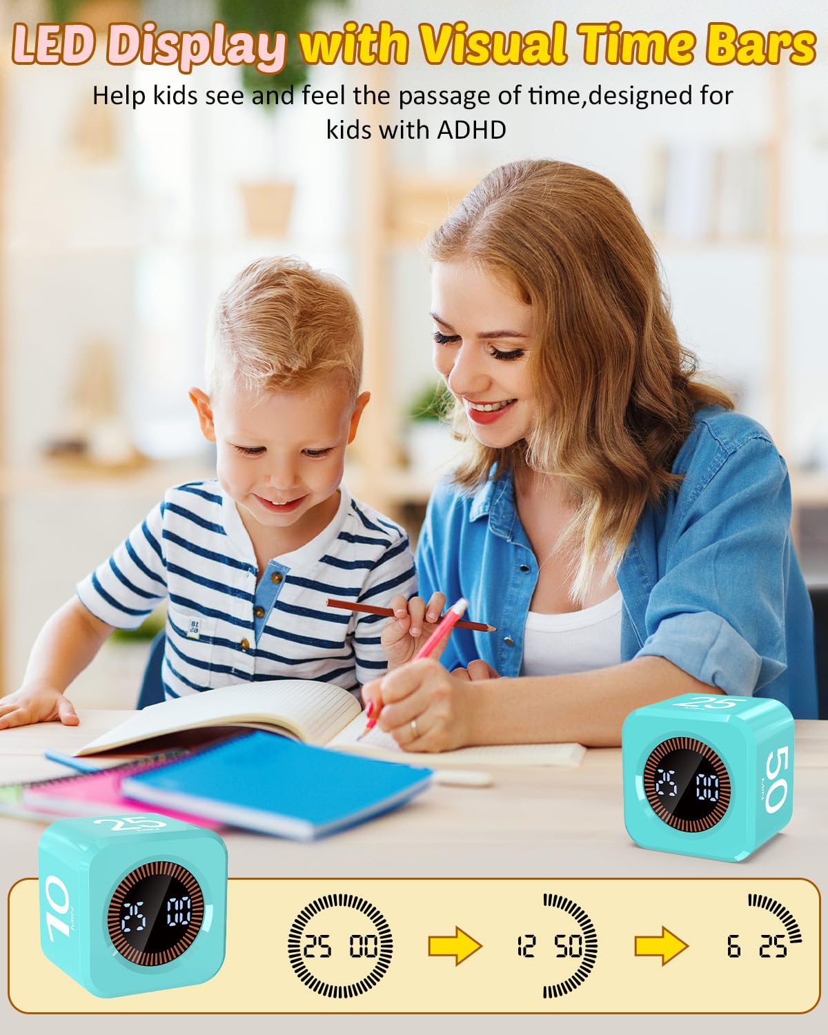 COWVTUJ Mint Green Flip Cube Pomodoro Timer with Visual LED Time Bars, Silent Mode & USB-C Rechargeable Design
