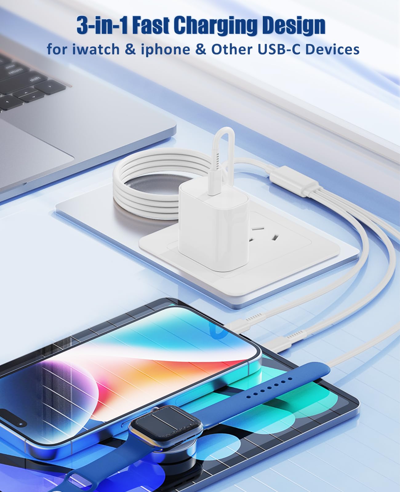 3-in-1 Apple Watch & iPhone Fast Charging Cable – Magnetic USB-C Travel Charger with 20W Adapter