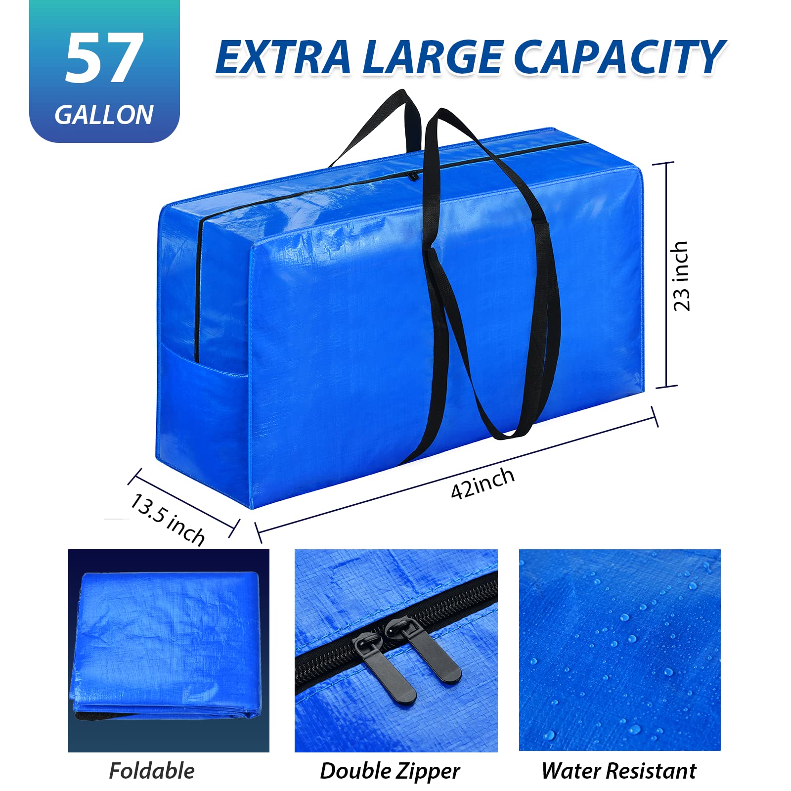 XXL 57-Gallon Extra Large Storage & Moving Bags (2-Pack) – Heavy-Duty Foldable Jumbo Totes with Reinforced Handles (Blue)