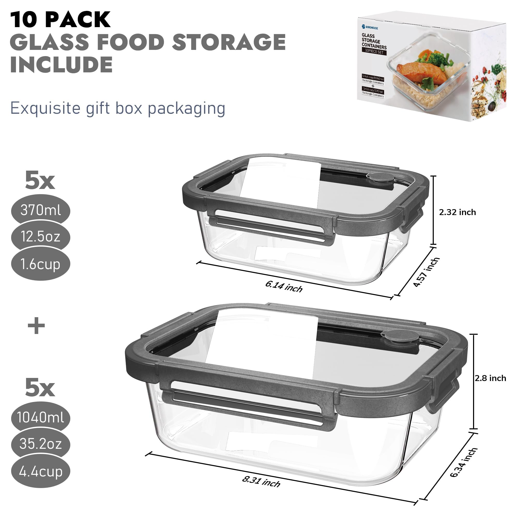 Premium 10-Piece Borosilicate Glass Food Storage Containers Set with Airtight Tempered Lids | Leak-Proof, Oven-Safe & BPA-Free