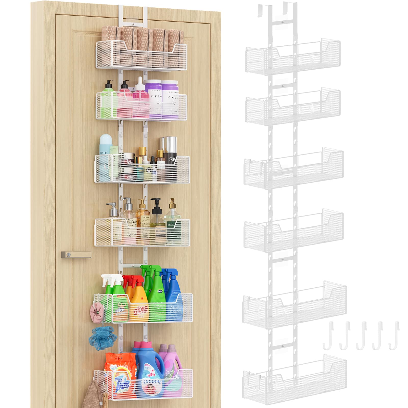 Hongtamoya Over-the-Door Metal Organizer – Adjustable 6-Basket Hanging Storage with Hooks for Home & Pantry (White)