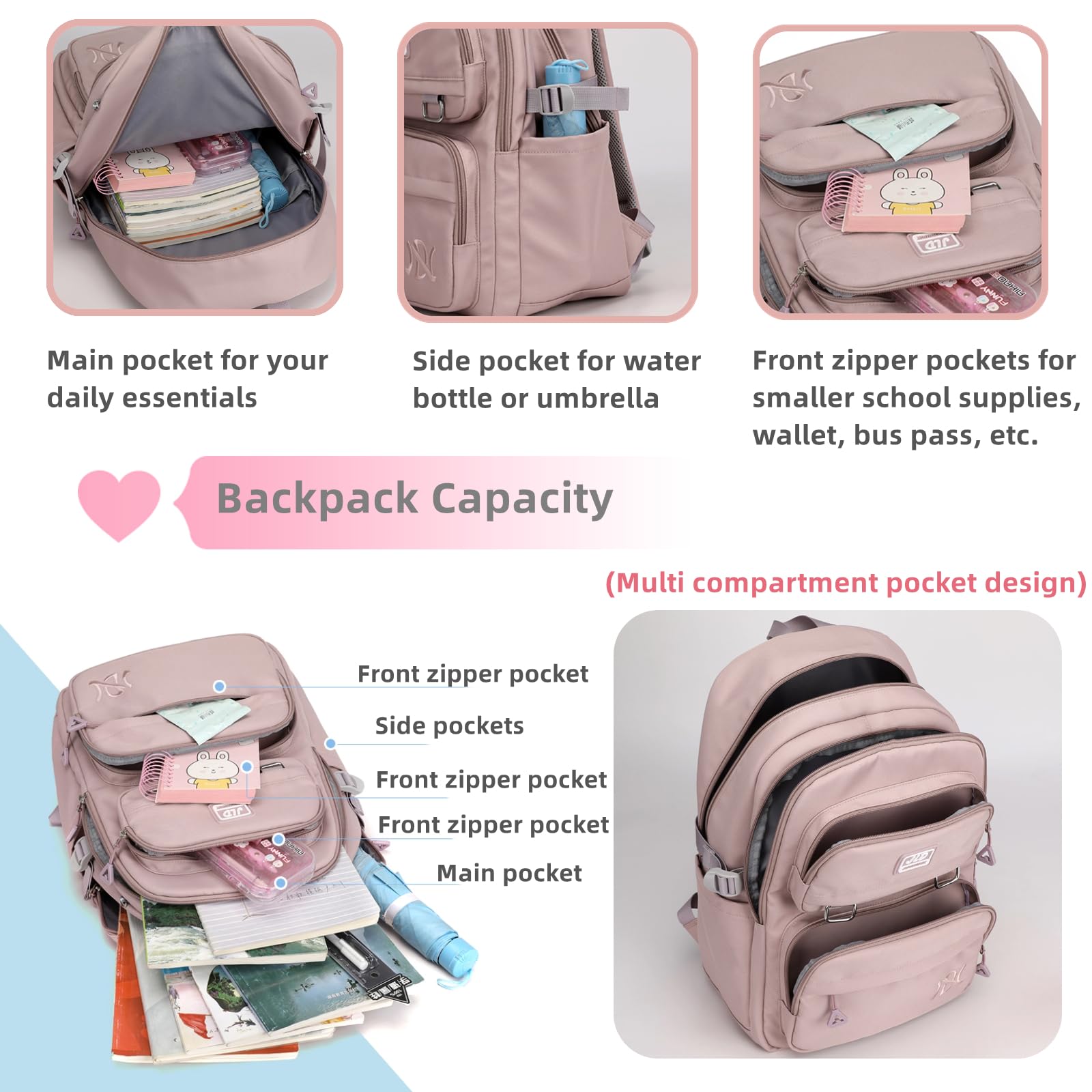 ARMbQ Girls School Backpack Large Capacity with Waterproof Nylon Fabric, Lightweight Casual Bookbag for Kids