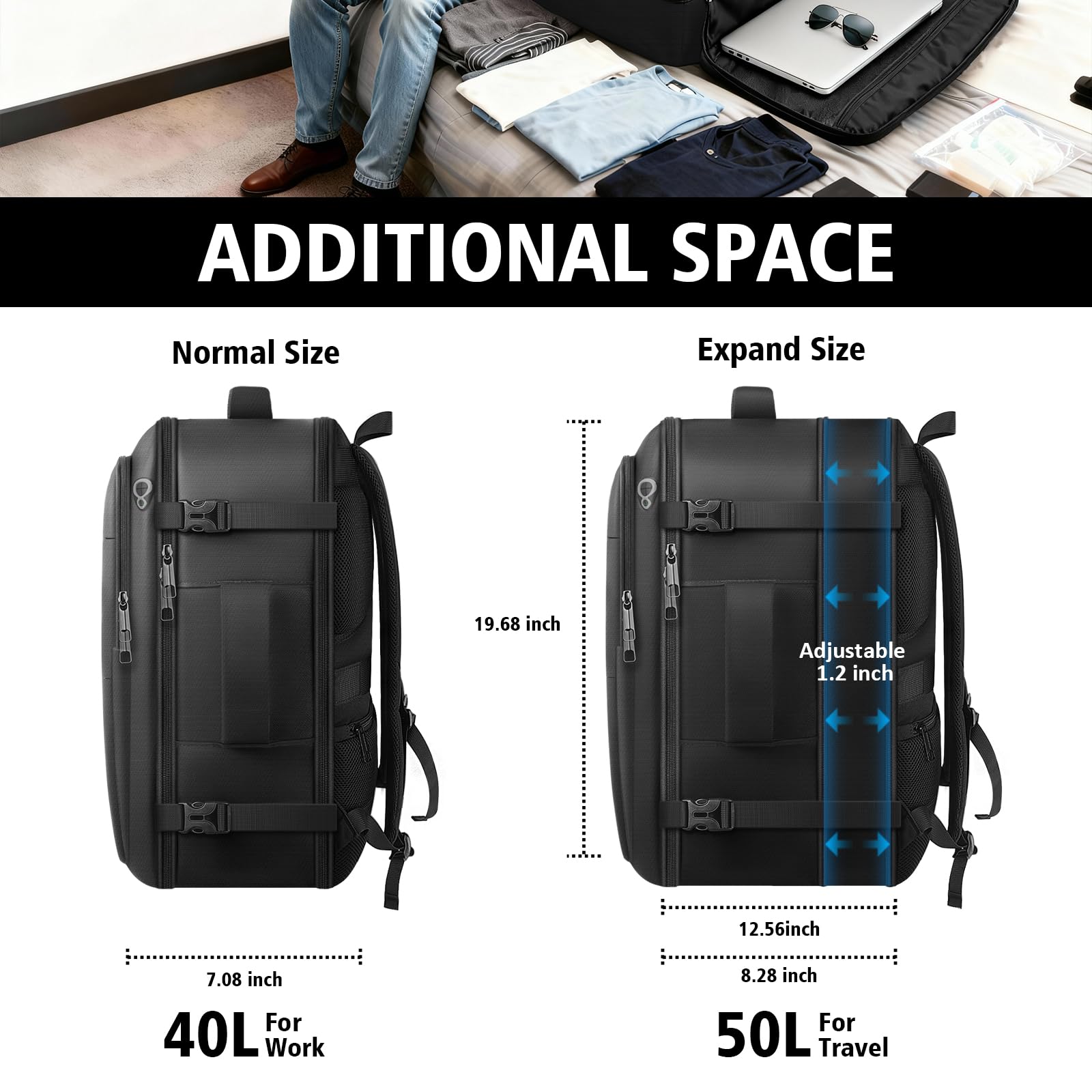 TAZBUZO 50L Expandable Travel Backpack – Extra Large Carry-On Laptop Backpack Fits Up to 18.4” Laptop (Black)