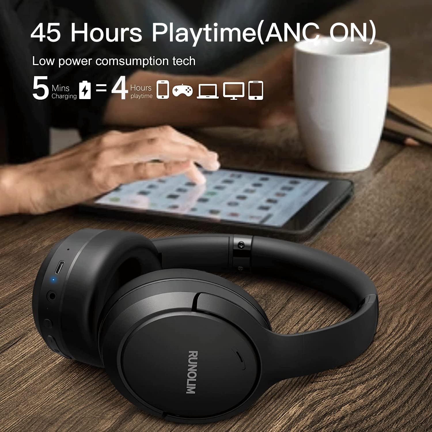 RUNOLIM Active Noise Cancelling Wireless Headphones with 70H Playtime & Hi-Fi Sound – Foldable Bluetooth Over-Ear Headset Black
