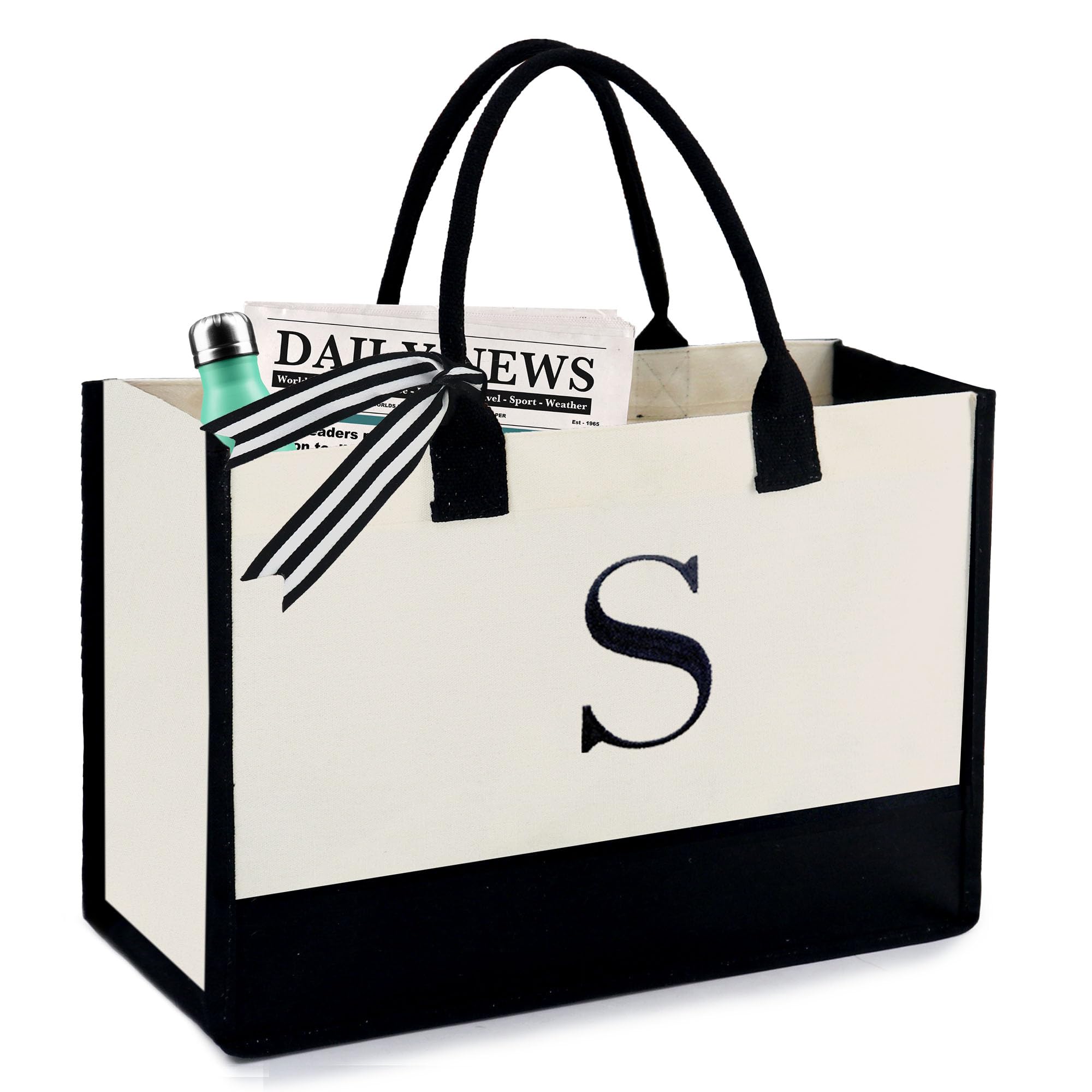 BeeGreen Personalized Canvas Tote Bag for Women – Monogram Embroidered Large Beach, Work & Gift Tote (Natural & Black)
