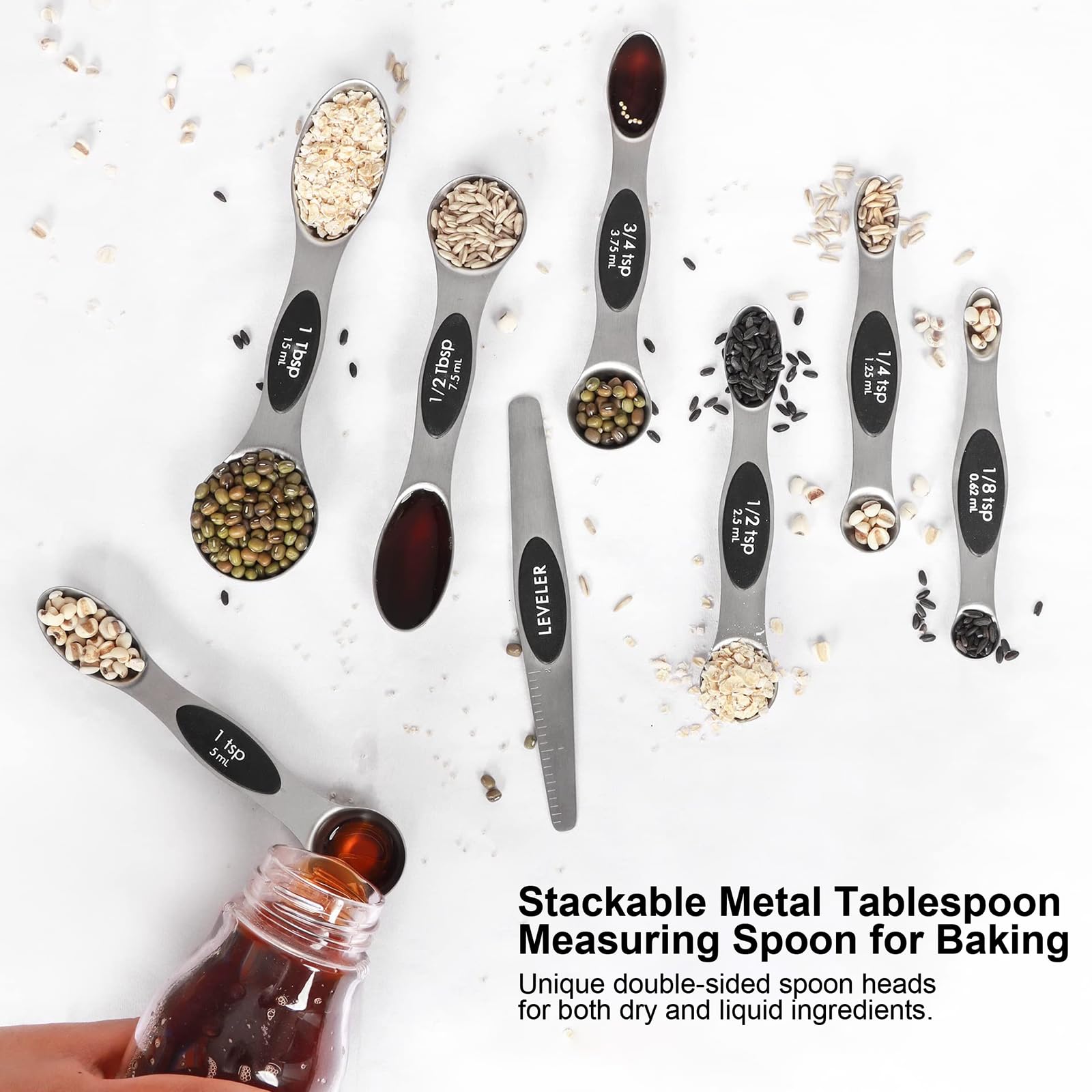 Magnetic Stainless Steel Measuring Spoons Set with Leveler & Stackable Design