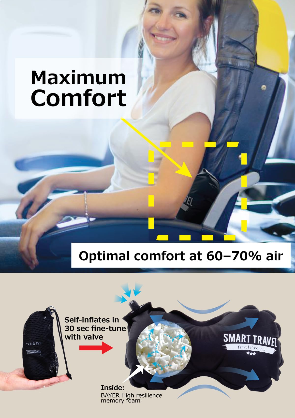 SMARTTRAVEL Inflatable Lumbar Support Pillow – Adjustable Ergonomic Back Cushion for Airplane, Office & Long Sitting (Vintage Black)