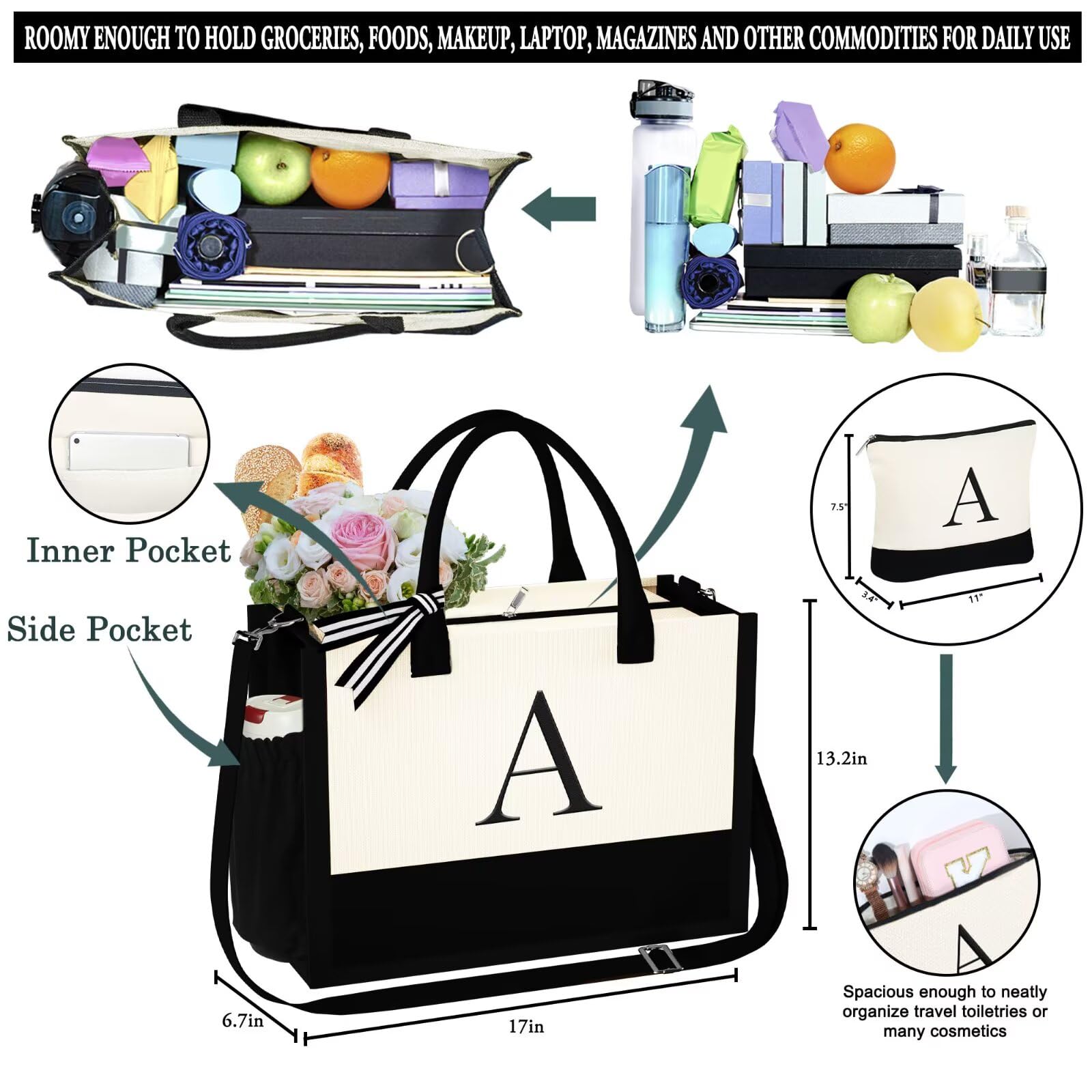 YOOLIFE Personalized Initial Tote Bag for Women – Large Zippered Monogram Tote with Crossbody Strap & Makeup Pouch (White, Letter J)