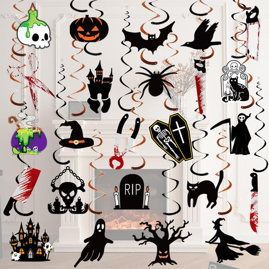 Halloween Hanging Swirl Decorations Set 🎃 – 60-Piece Indoor & Outdoor Party Kit with Ghosts, Bats & Pumpkins
