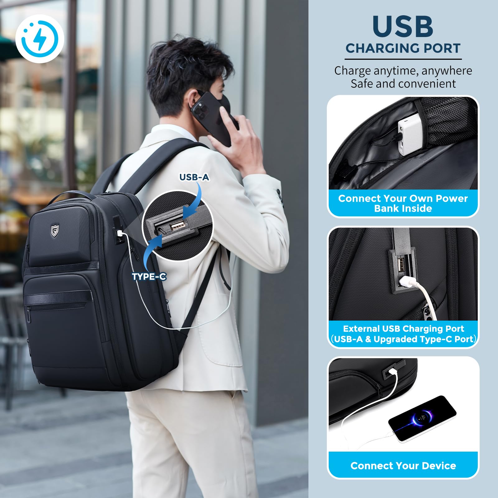 FENREE.GEER Expandable 45L Travel Laptop Backpack with Hardshell Design, USB Ports and 15.6” Laptop Compartment