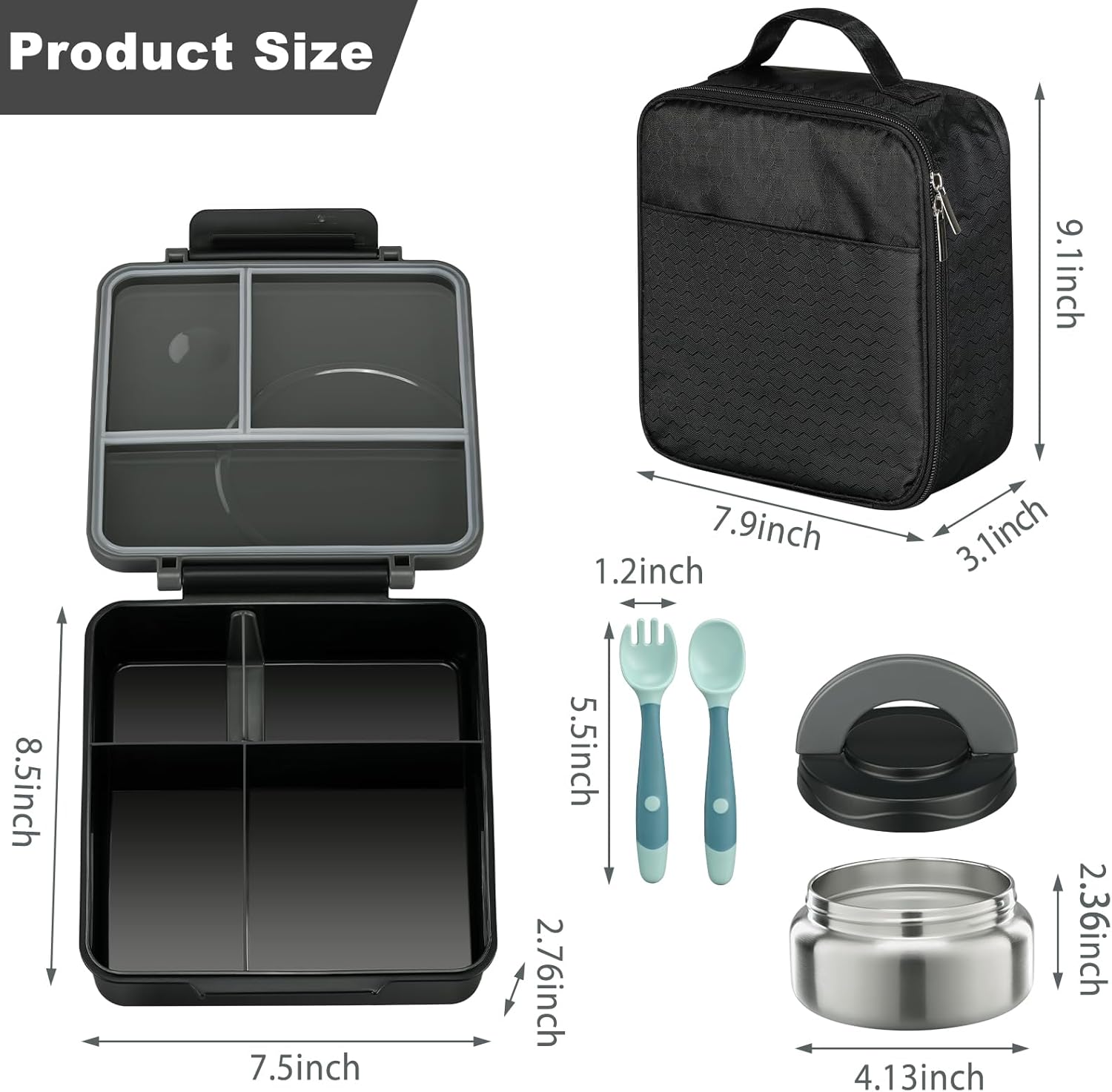 Black 4-Compartment Bento Set with 8 oz Food Jar