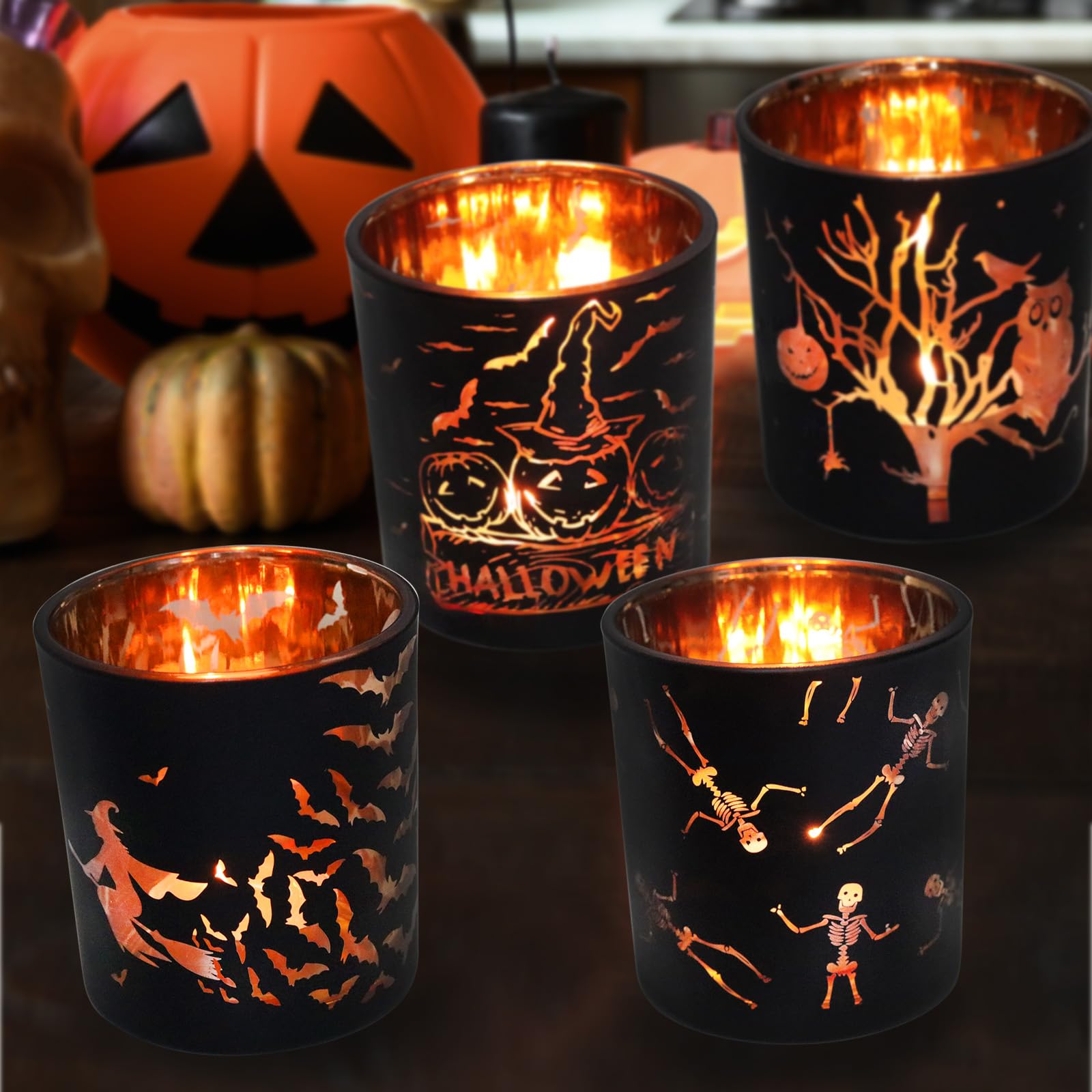 Black & Gold Halloween Candle Holders – 4PCS Laser-Engraved Glass Votive Set with Witches & Pumpkins