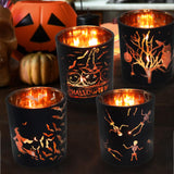 Black & Gold Halloween Candle Holders – 4PCS Laser-Engraved Glass Votive Set with Witches & Pumpkins