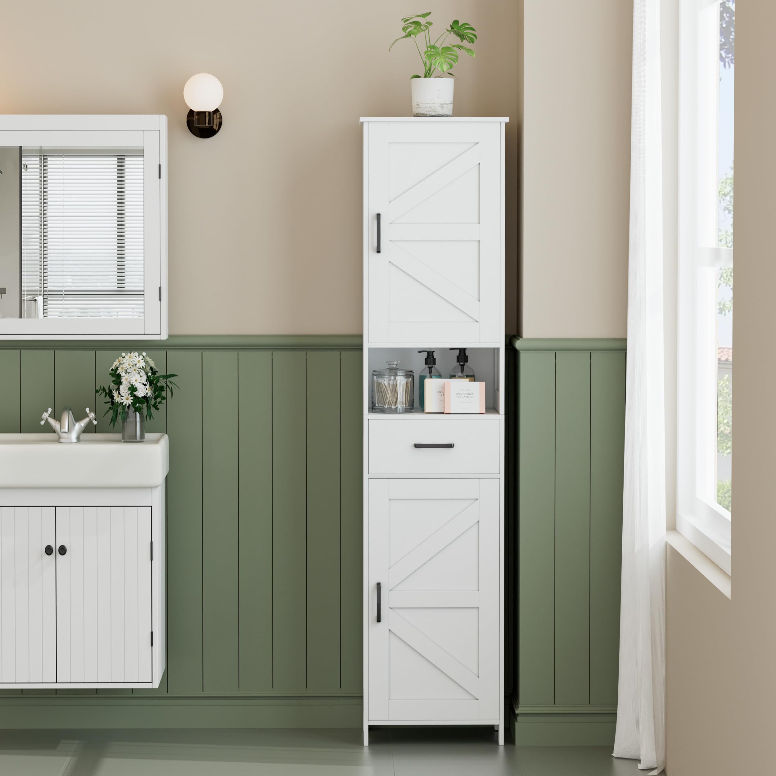 HOMHEDY 67" Tall Bathroom Storage Cabinet – Slim Floor Cabinet with Barn Doors, Drawer & Adjustable Shelves (White)