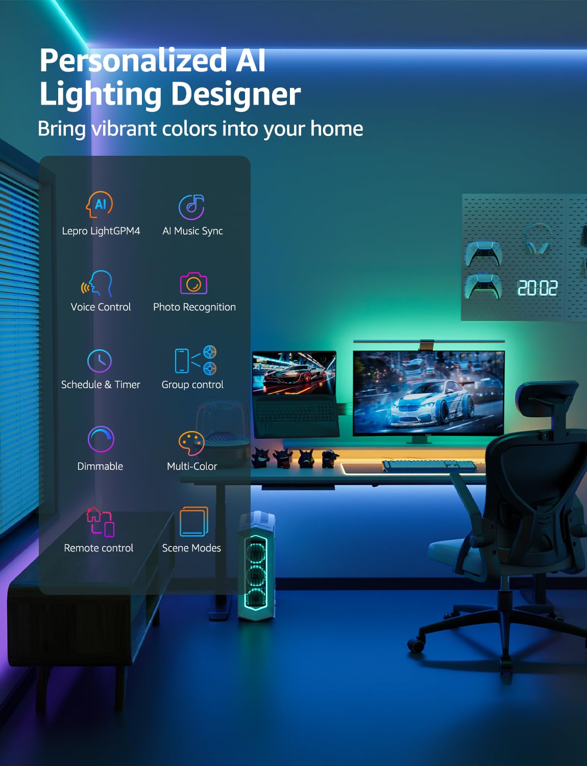 Lepro AI Smart RGB LED Strip Lights – 16M Colors WiFi Music Sync LightGPM Design Assistant