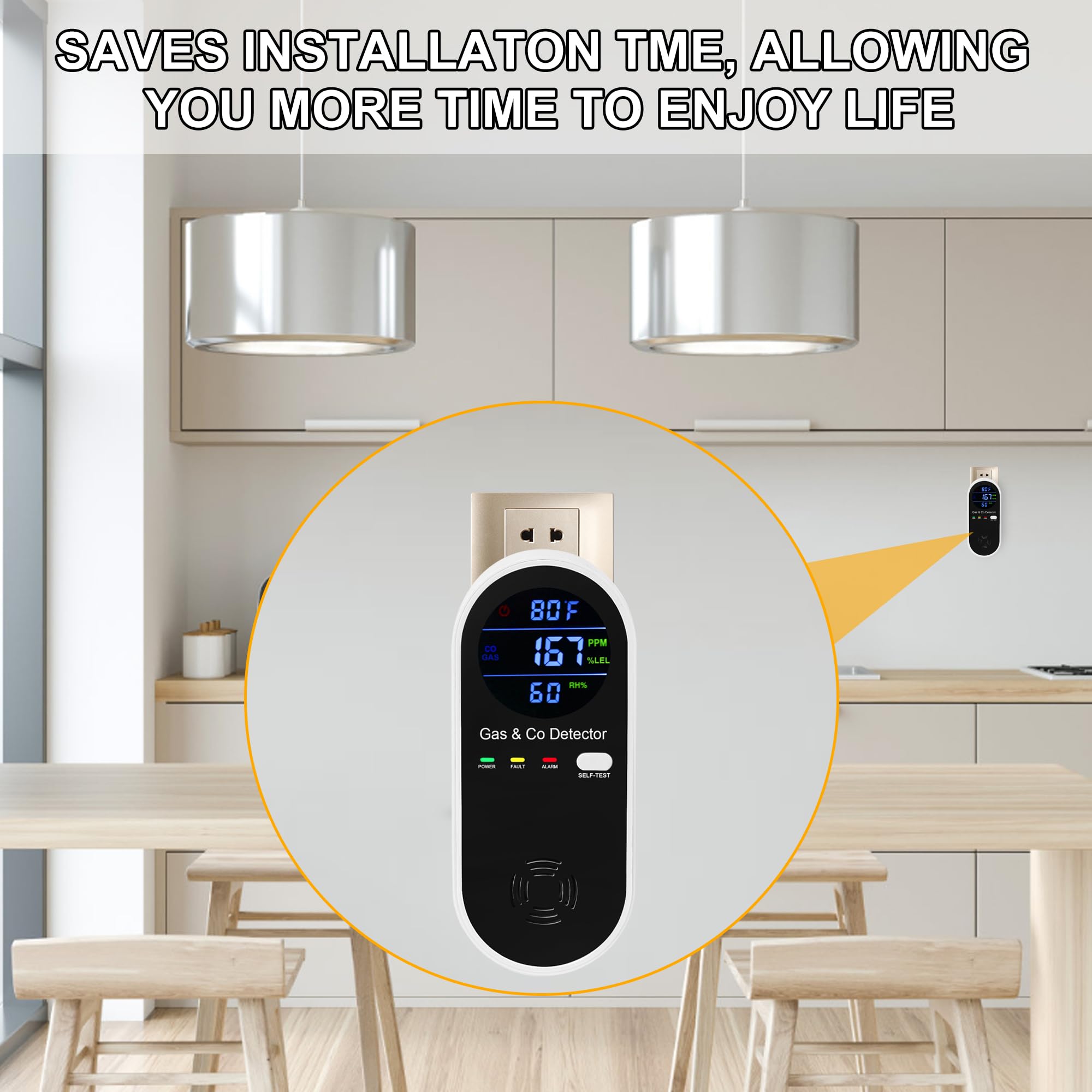 4-in-1 Plug-In Gas & Carbon Monoxide Detector – Natural Gas, CO, Temperature & Humidity Alarm