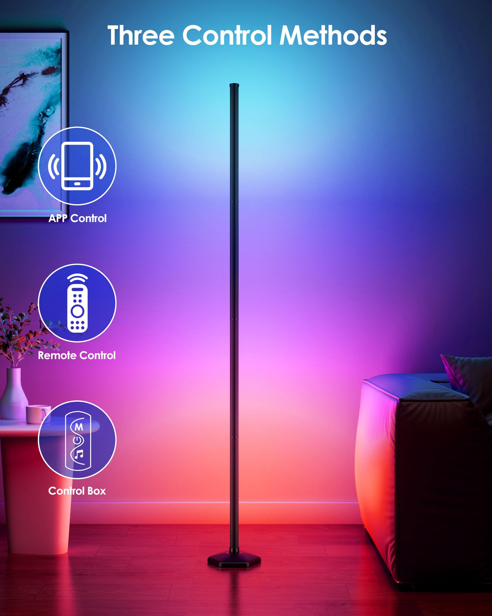 RGB+IC Smart Corner Floor Lamps (2PCS Set) – 65” Dynamic LED Ambient Lighting with App & Music Sync – Black