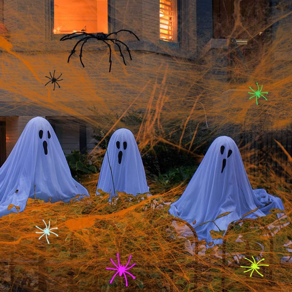 Halloween Orange Spider Web with Glow-in-the-Dark Effect – 250g Web + 37 Spiders + 2 Black Lights