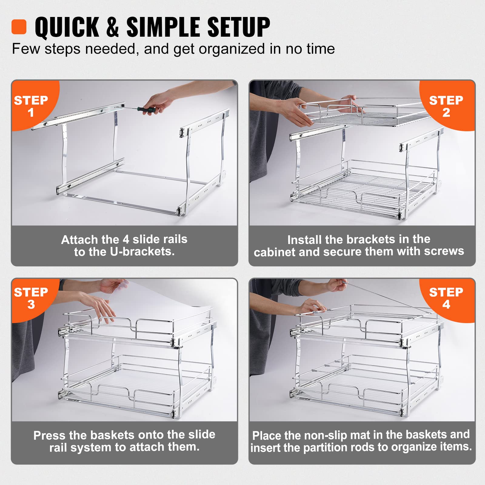 2-Tier Heavy-Duty Pull-Out Cabinet Organizer – Steel Slide-Out Pantry Shelves with Smooth Ball-Bearing Rails (18.7” W x 21” D)