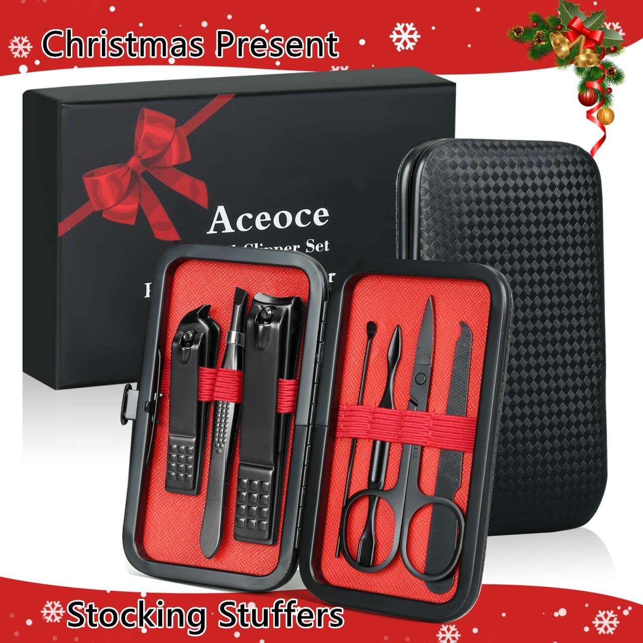 7-Piece Professional Manicure & Grooming Kit – Stainless Steel Nail Clipper Set with Travel Case (Black & Red)