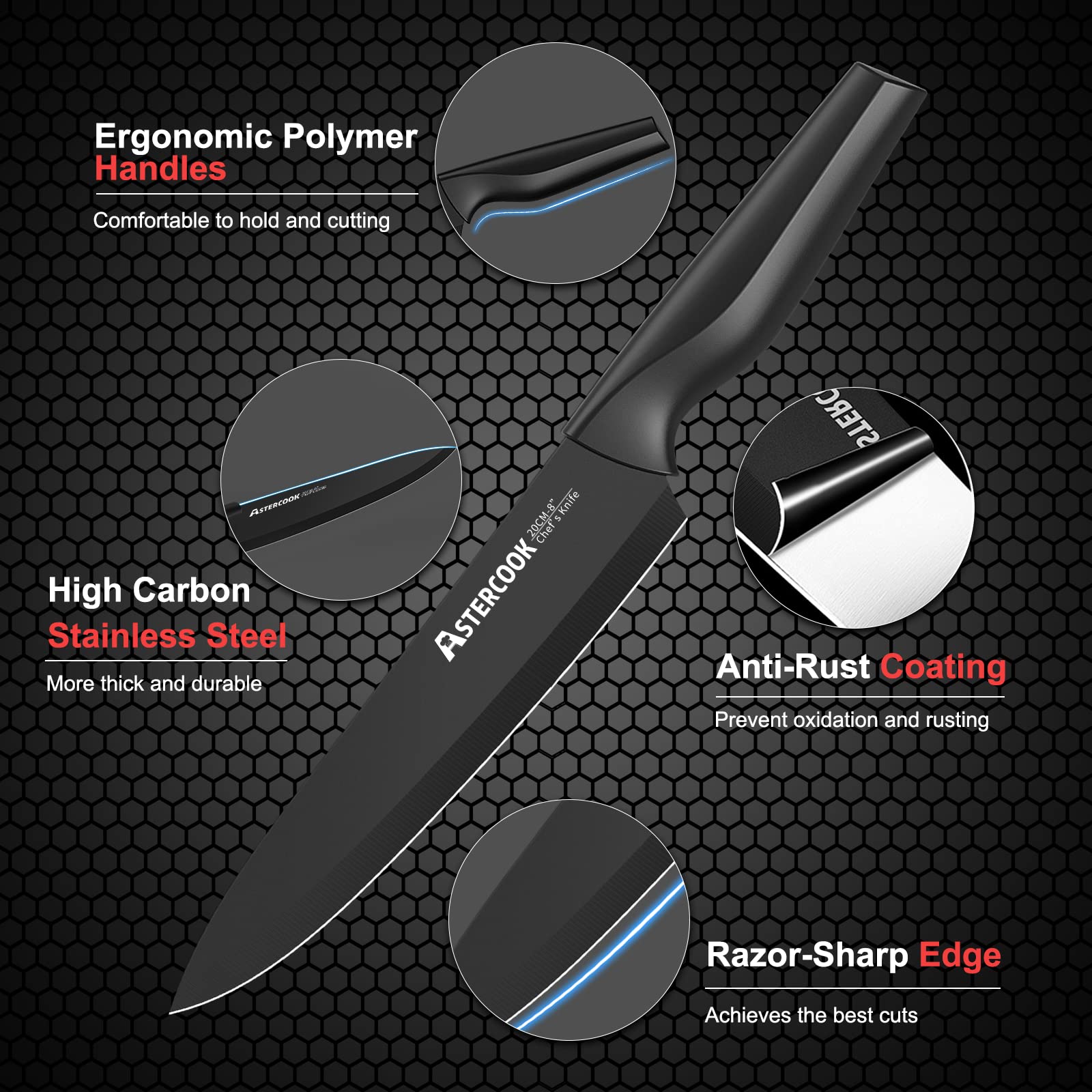 21-Piece Black Knife Block Set with Built-In Sharpener – German Steel, Non-Stick & Rust-Resistant