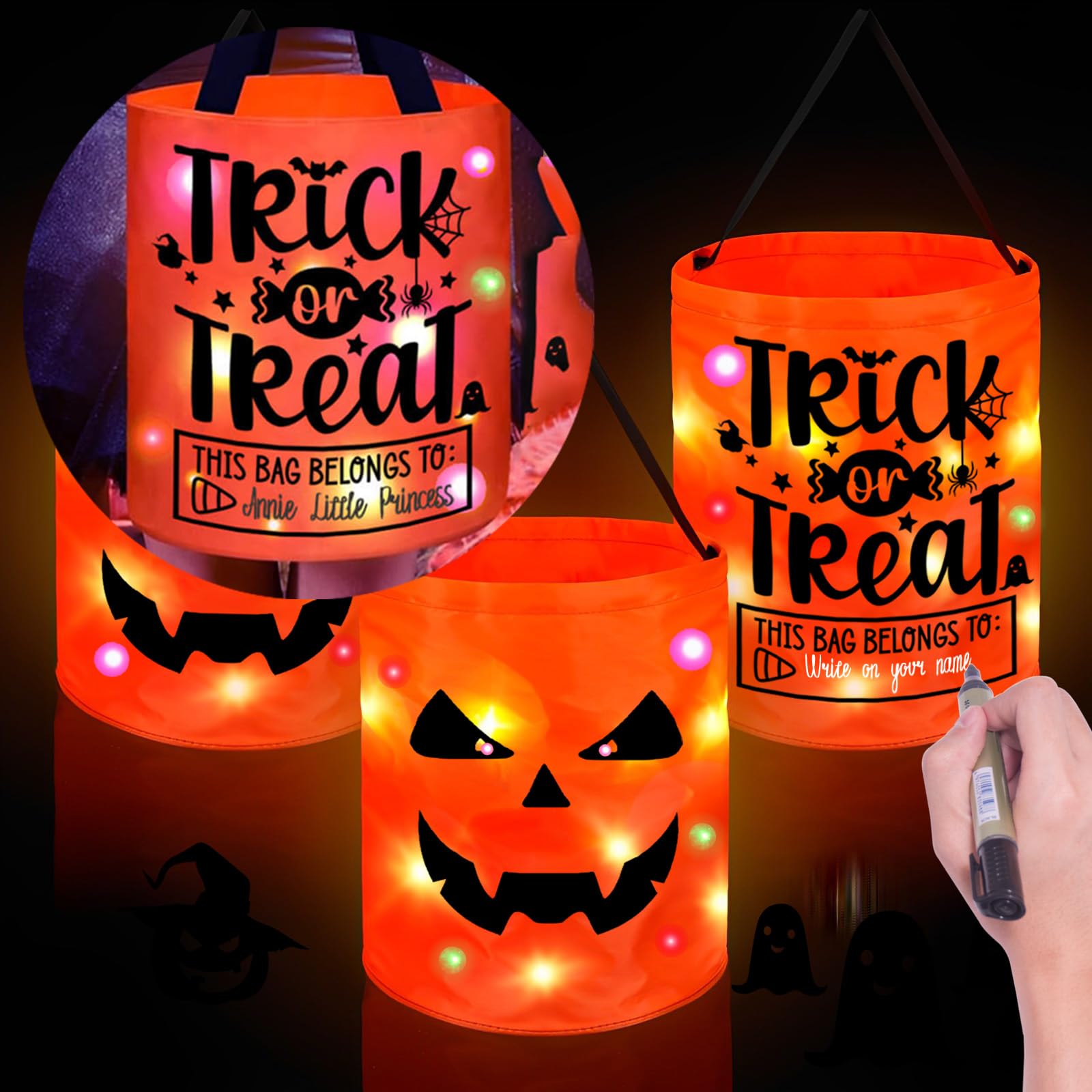 Light Up Halloween Trick-or-Treat Bag – LED Ghost Candy Bucket (Reusable, Orange, 2025 Edition)