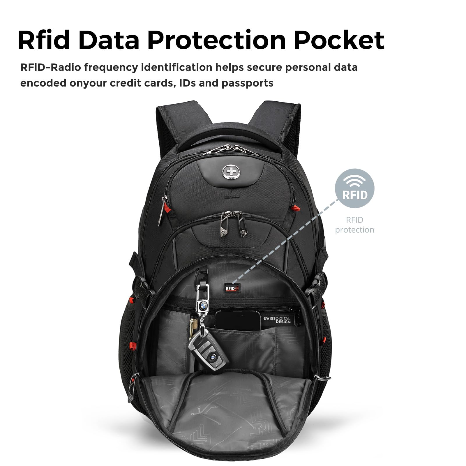 Swissdigital Design Laptop Backpack with USB-C Charging & RFID Protection – 31L Professional Travel & College Backpack (Black)