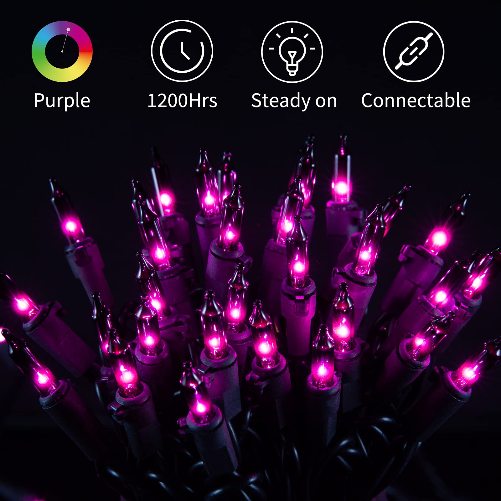 25FT Purple Halloween String Lights – 100 Mini Incandescent Bulbs, Connectable up to 125FT, Indoor/Outdoor UL Certified (Purple)