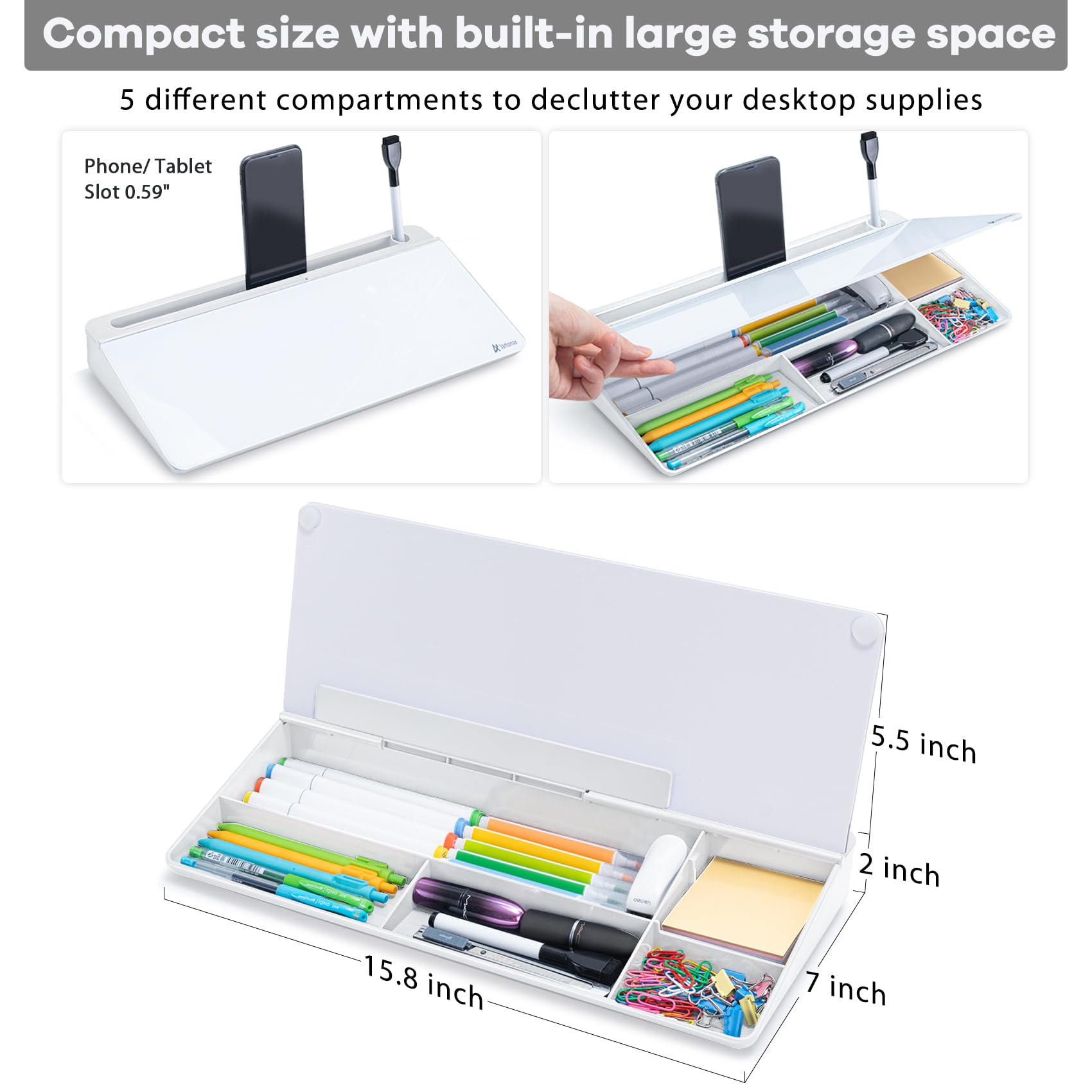 Varhomax Tempered Glass Desktop Whiteboard Organizer with Storage Compartments & Phone Holder for Office Productivity